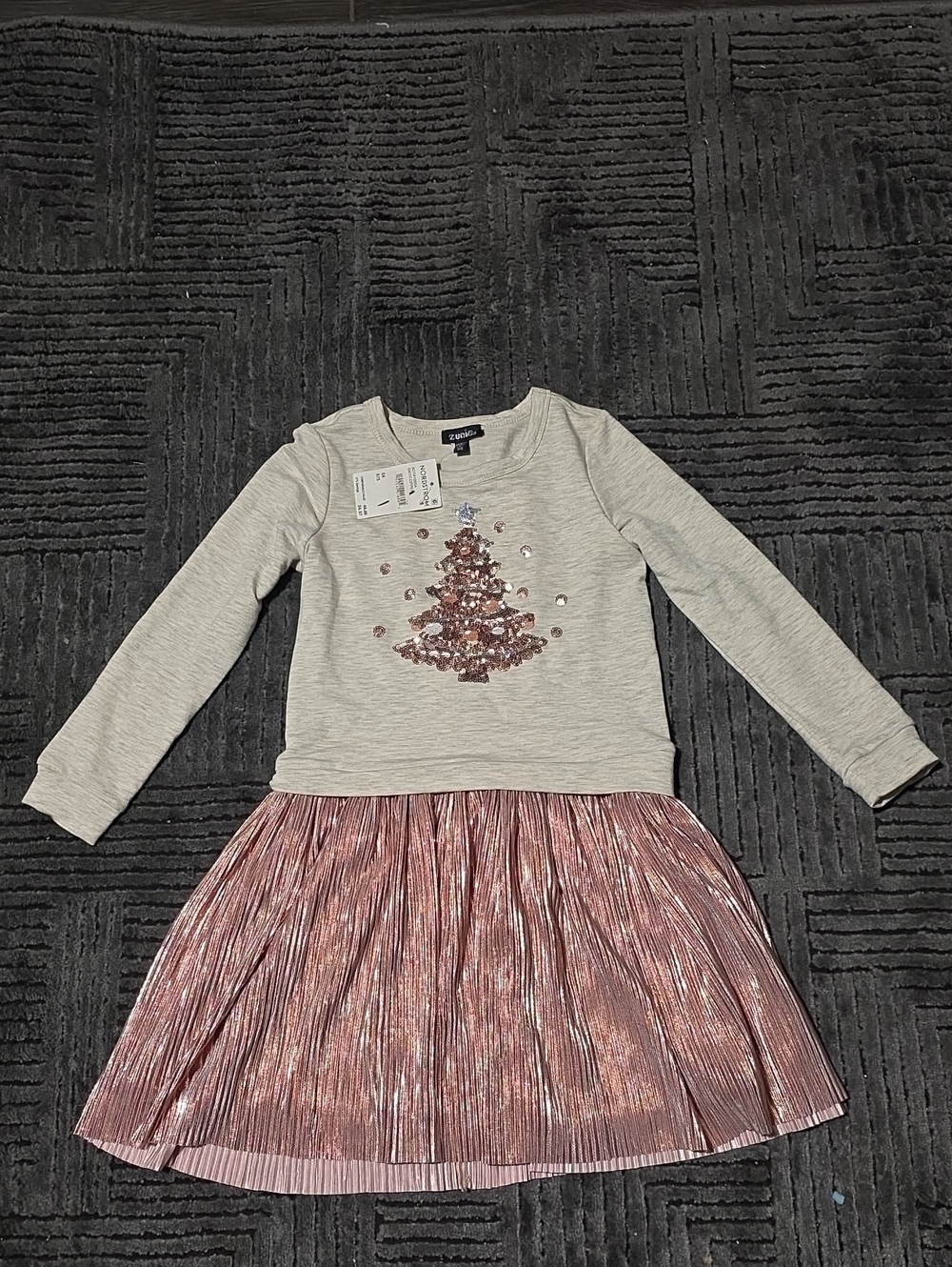 Zunie Cream Top with Rose Gold Sequin Tree and Metallic Pink Skirt Girls Dress